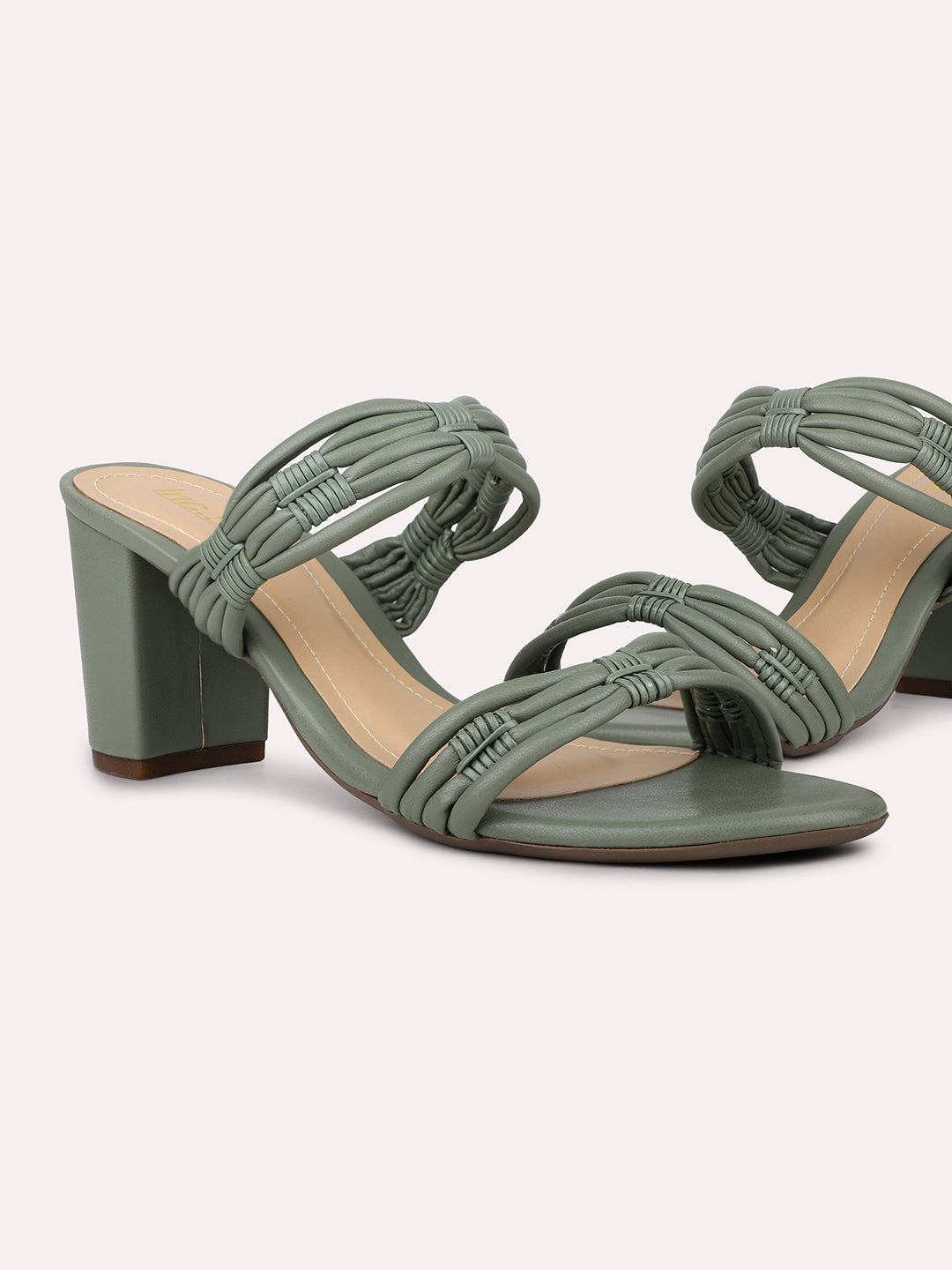 Women Green Strappy Open Toe Block Heels