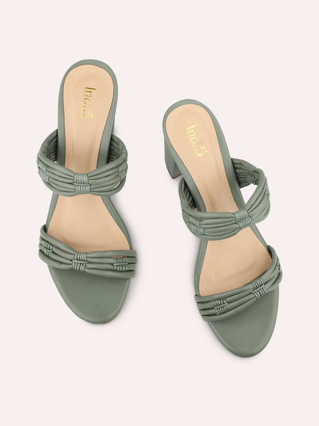 Women Green Strappy Open Toe Block Heels