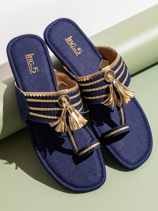 Women Navy & Gold-Toned Denim Kolhapuri One Toe Flats