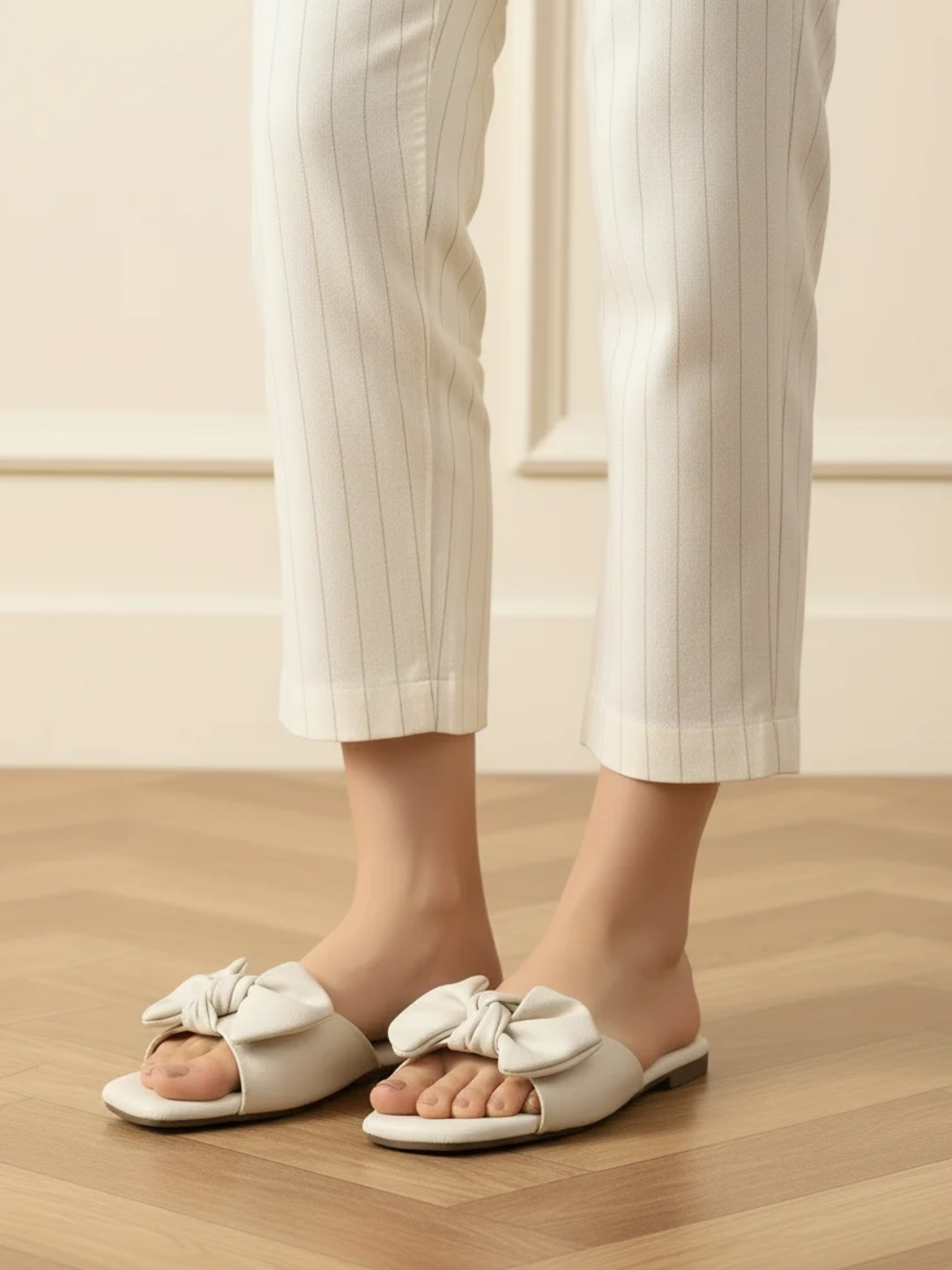 Women Cream Open Toe Flats With Bows