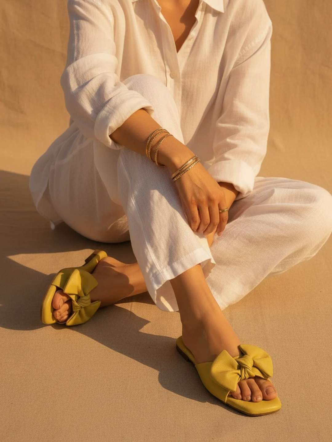 Women Yellow Open Toe Flats With Bows