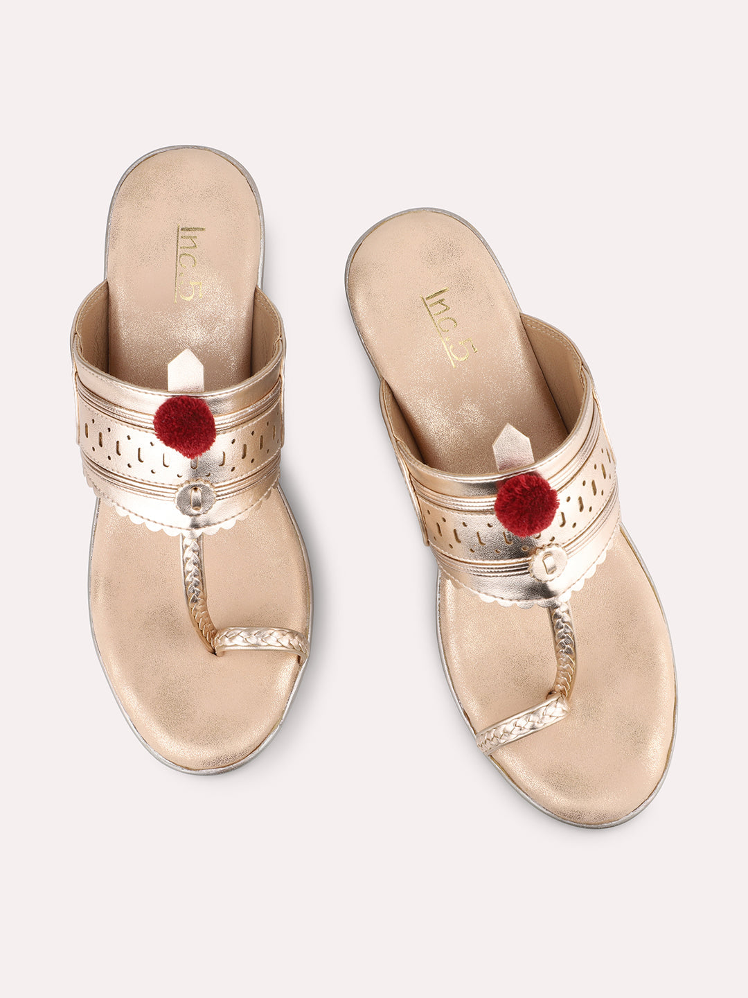 Women Rose Gold Textured Embellished One Toe Kolhapuri Wedge Heels