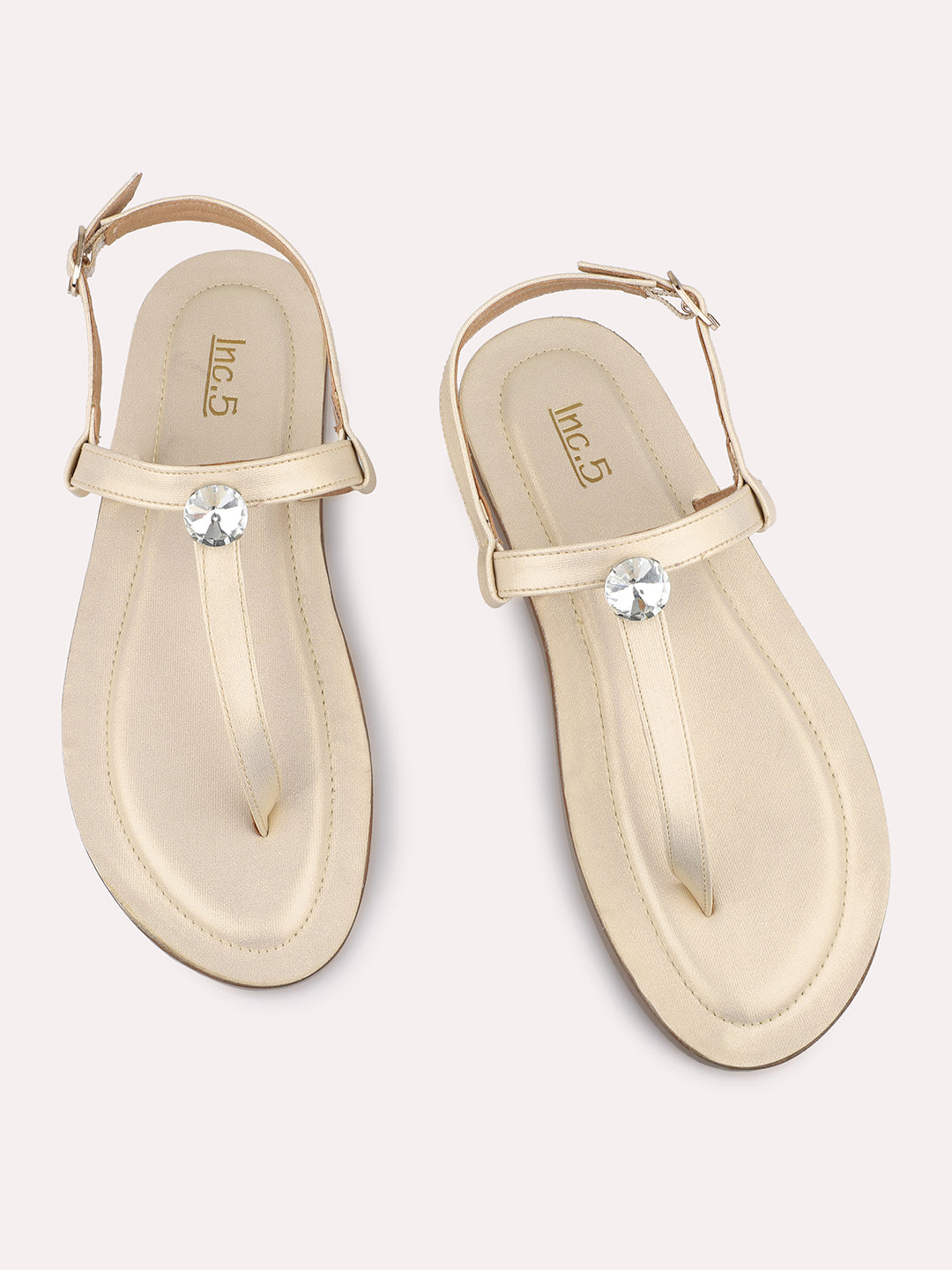 Women Gold T-Strap Flats with Buckle Detail