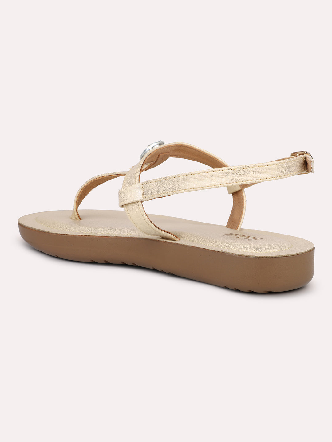 Women Gold T-Strap Flats with Buckle Detail