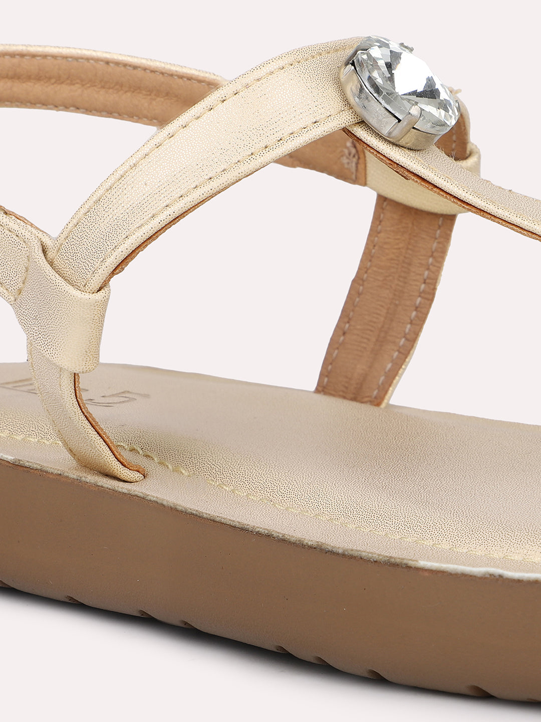 Women Gold T-Strap Flats with Buckle Detail