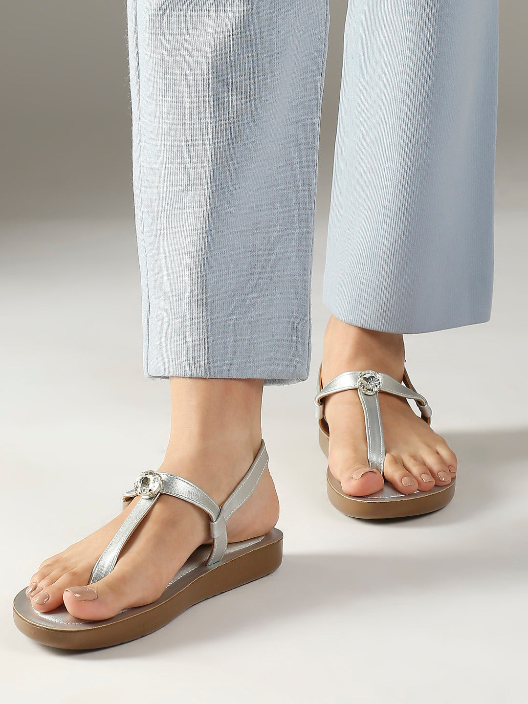 Women Silver T-Strap Flats with Buckle Detail