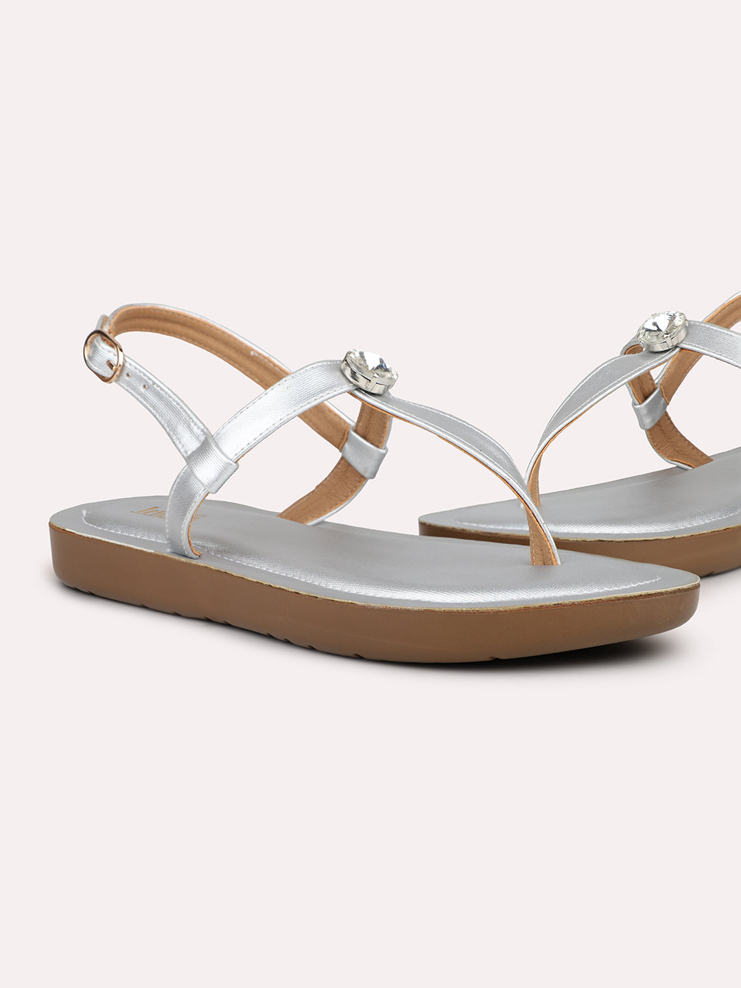 Women Silver T-Strap Flats with Buckle Detail