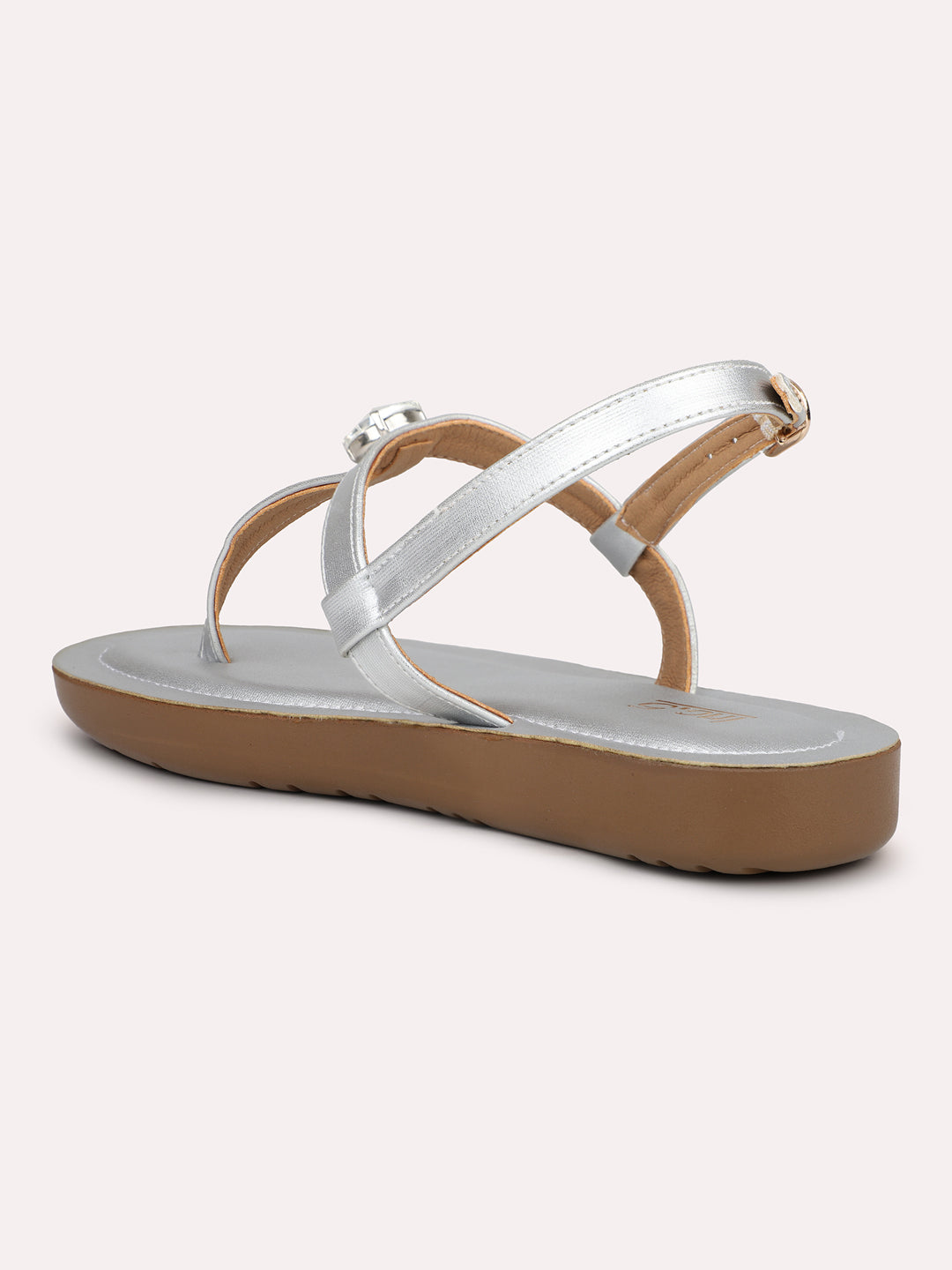 Women Silver T-Strap Flats with Buckle Detail