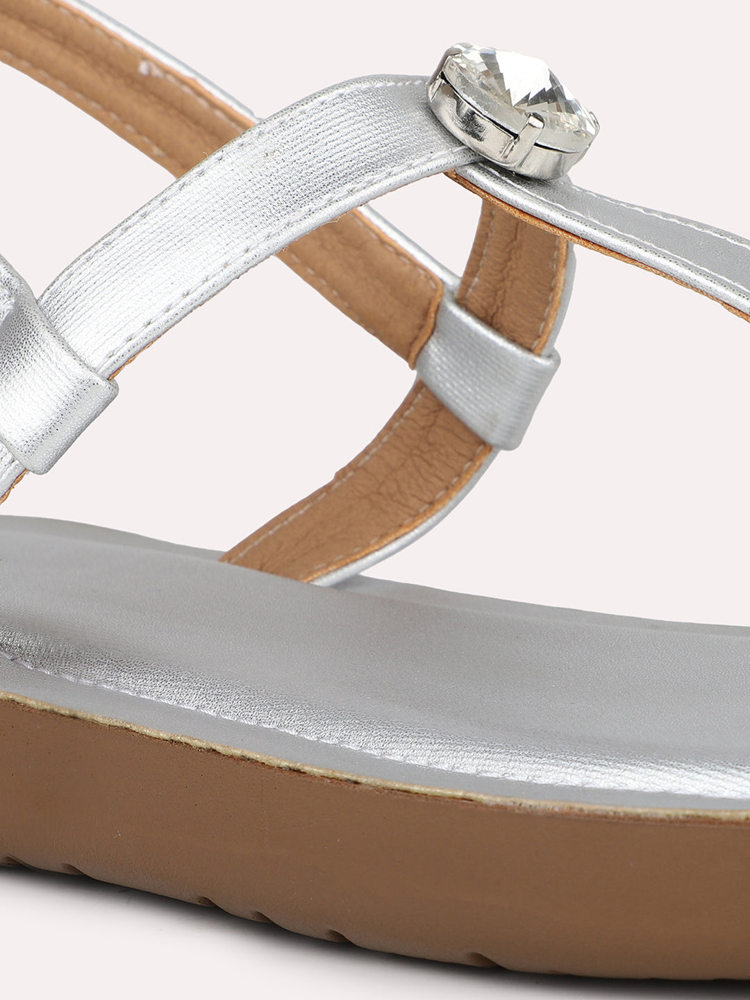 Women Silver T-Strap Flats with Buckle Detail