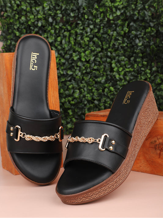 Women Black Solid Open Toe Chain Detail Wedge Heel