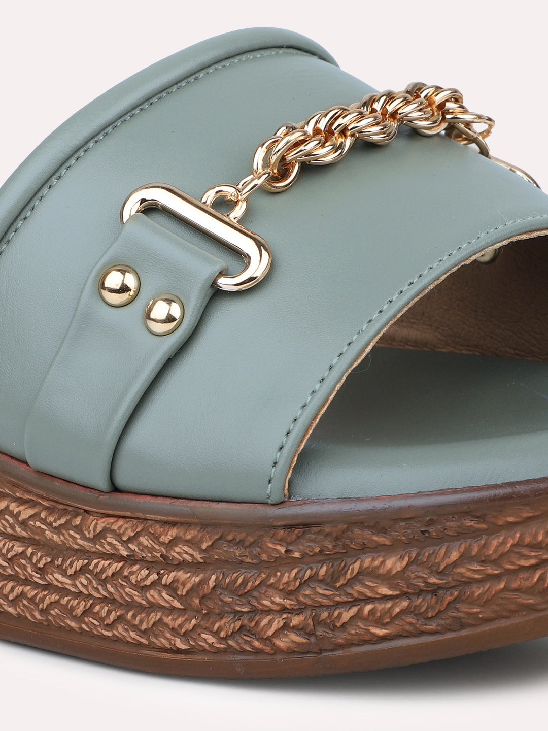 Women Green Solid Open Toe Chain Detail Wedge Heel