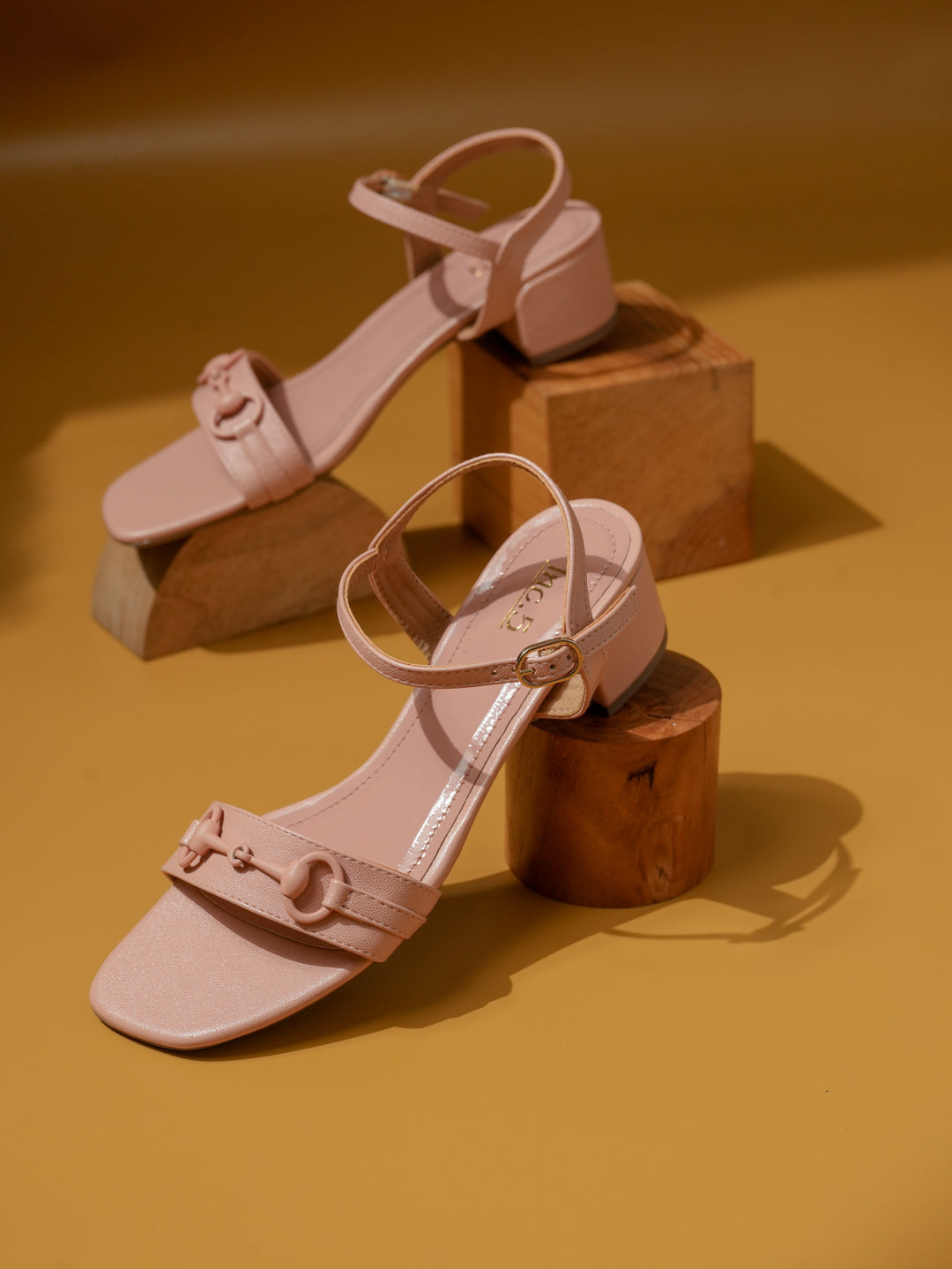 Women Peach Textured Block Heels with Buckle Detail