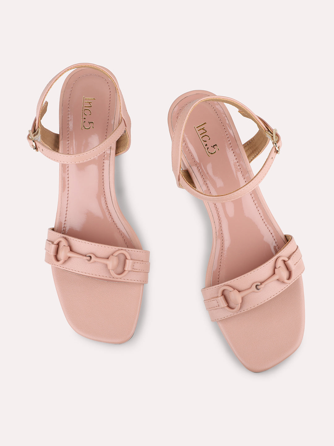 Women Peach Textured Block Heels with Buckle Detail