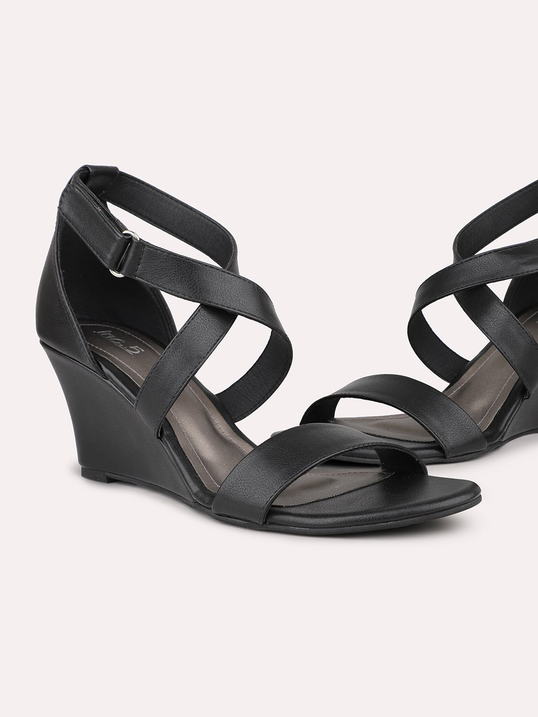 Women Black Wedge Sandals With Ankle Loop