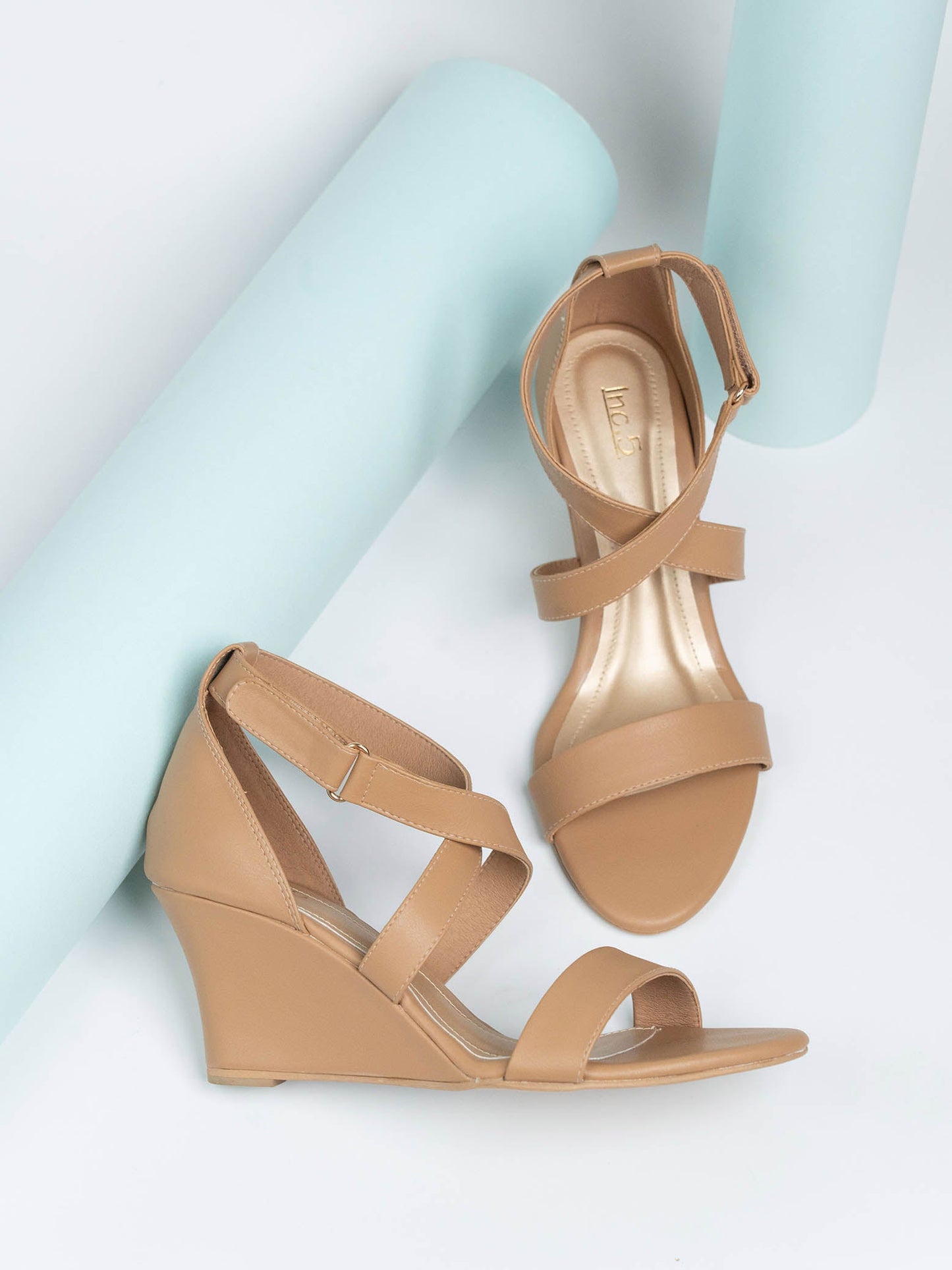 Women Beige Wedge Sandals With Ankle Loop