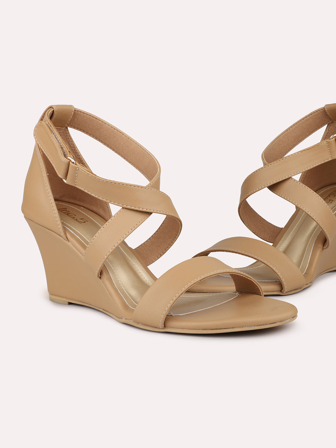 Women Beige Wedge Sandals With Ankle Loop