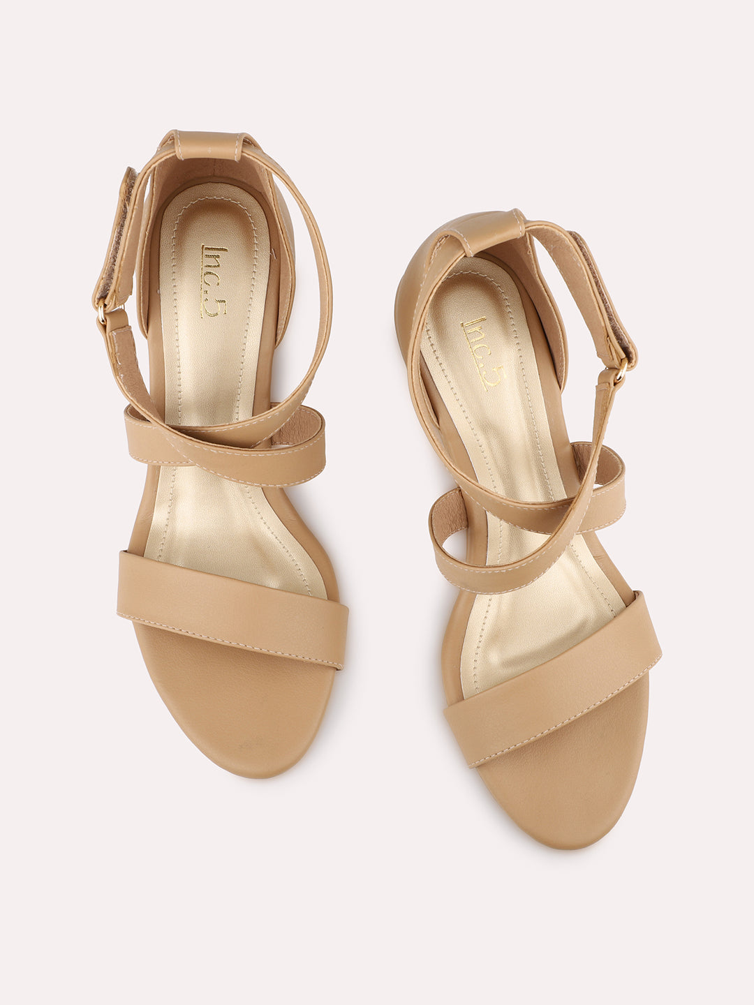 Women Beige Wedge Sandals With Ankle Loop