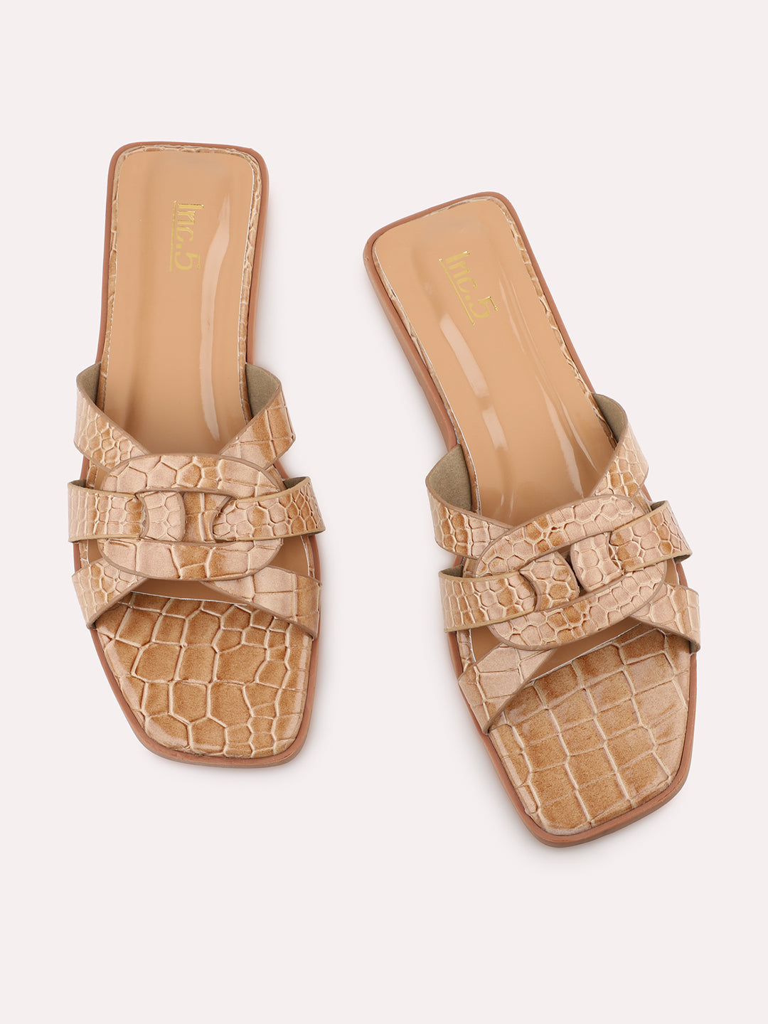 Women Beige Textured Strappy Open Toe Flats