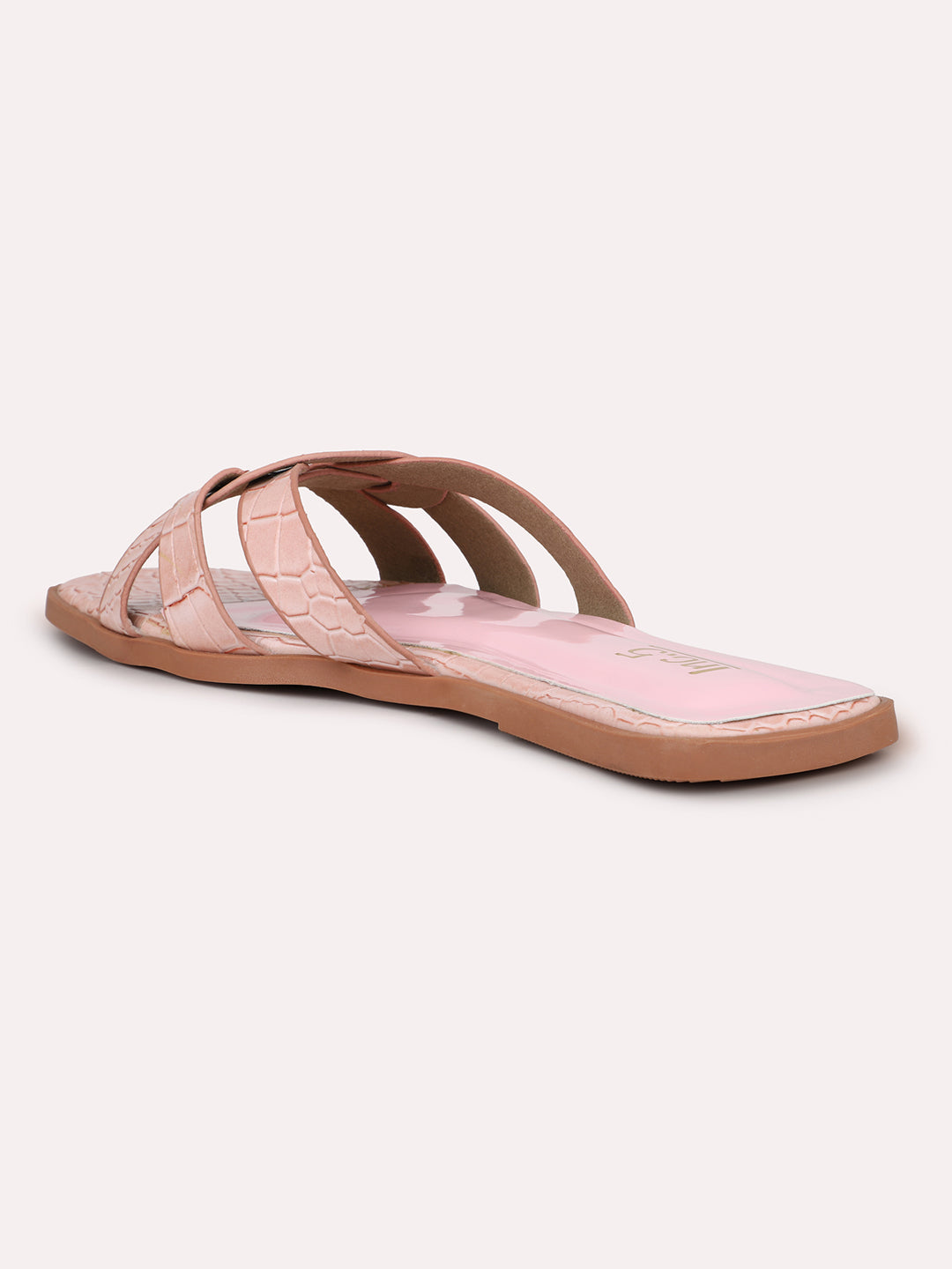 Women Peach Textured Strappy Open Toe Flats