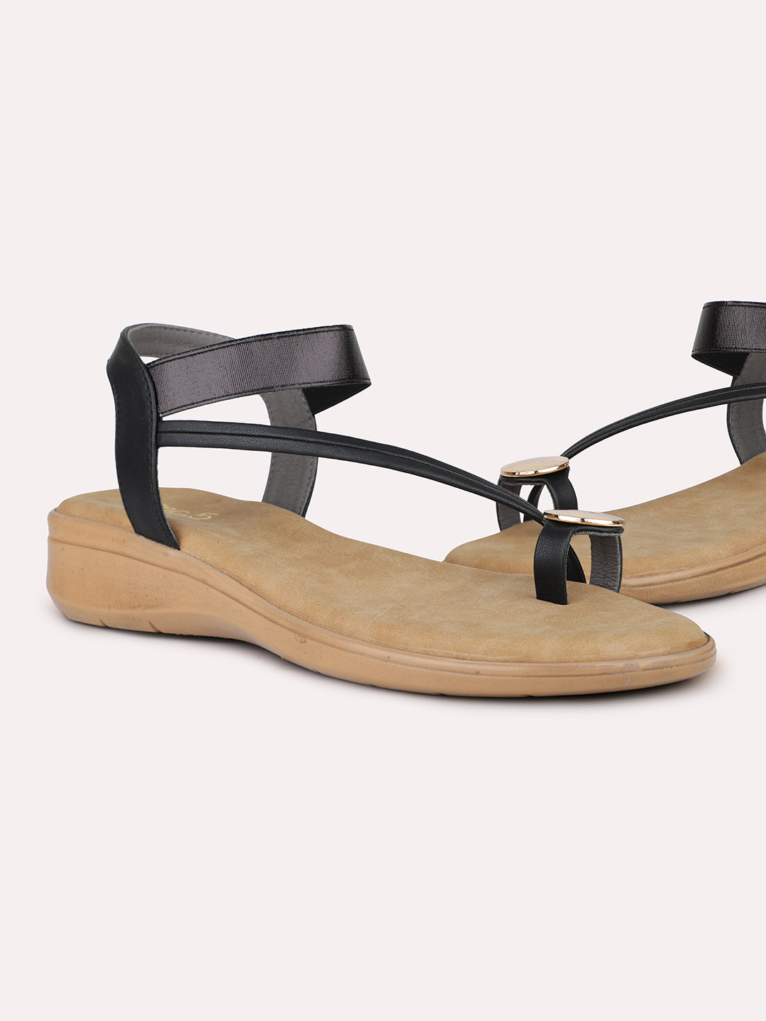 Womens Black Casual Solid One Toe Flat Sandals