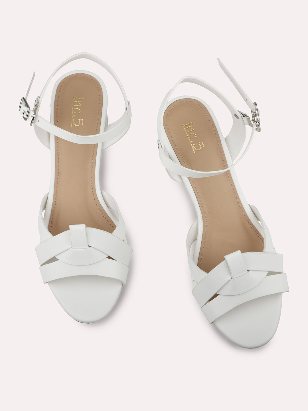 Women White Open Toe Block Heels With Buckle