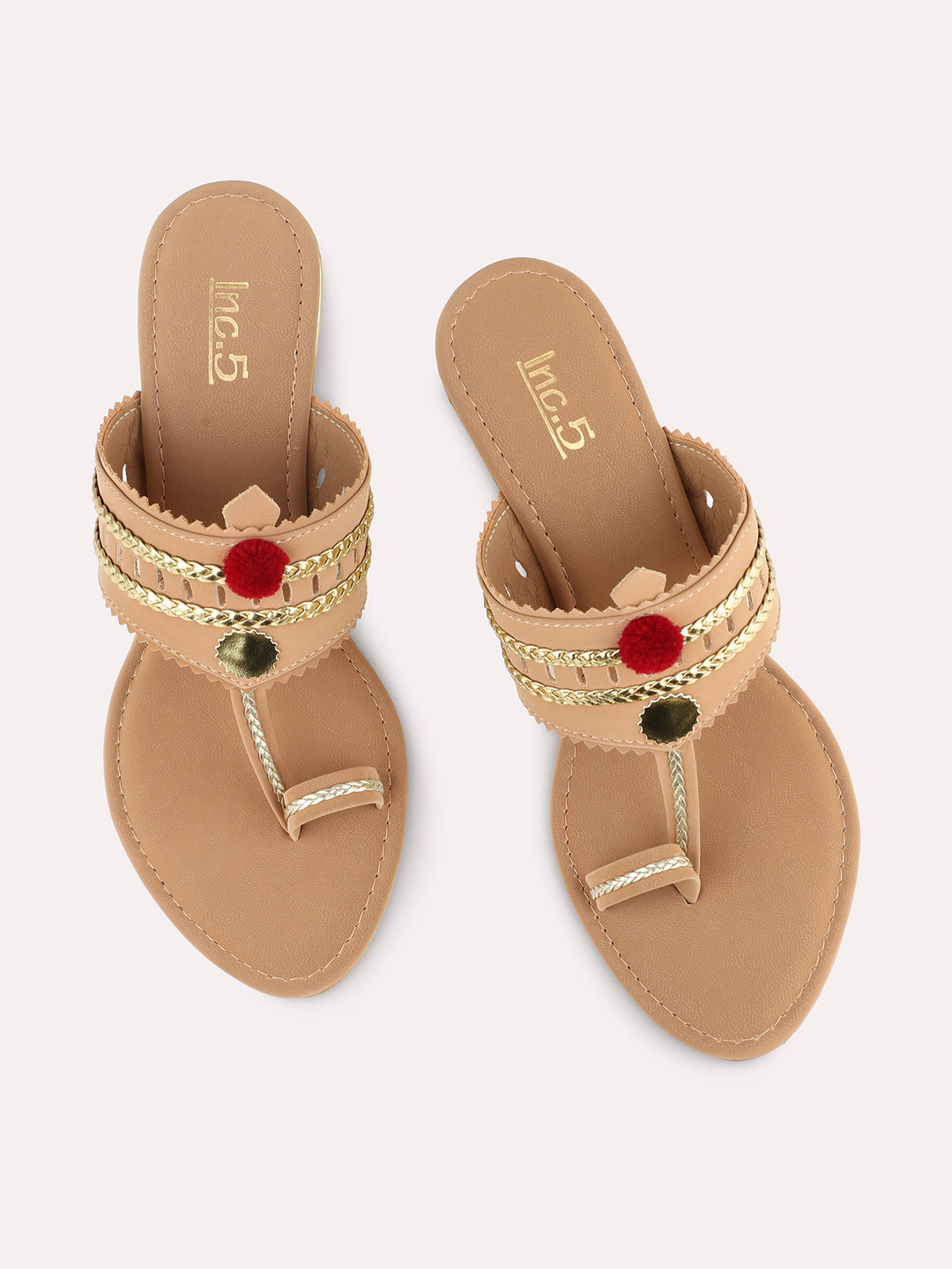 Women Beige & Gold-Toned Textured One Toe Kolhapuri Wedge Heels
