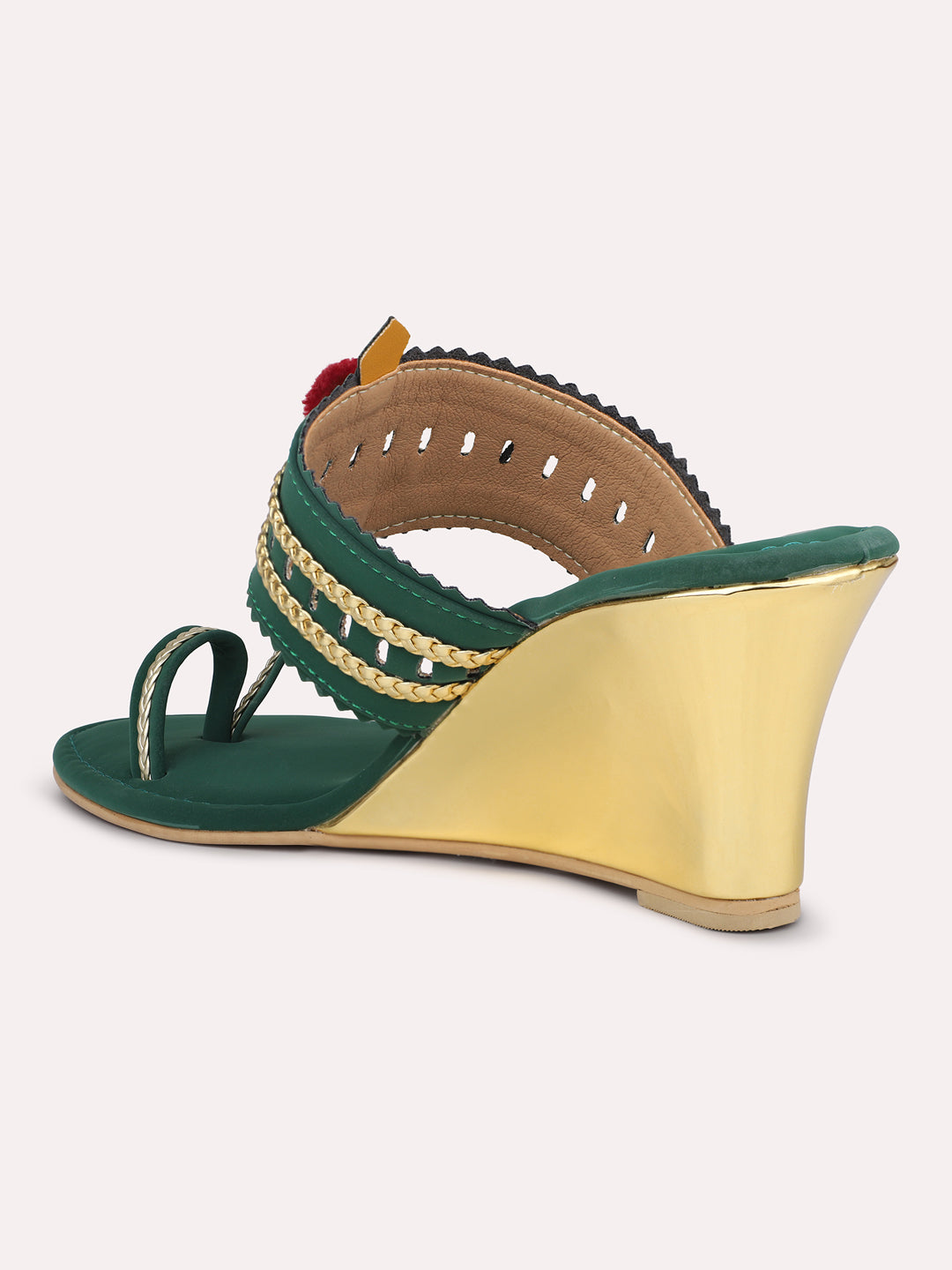 Women Green & Gold-Toned Textured One Toe Kolhapuri Wedge Heels