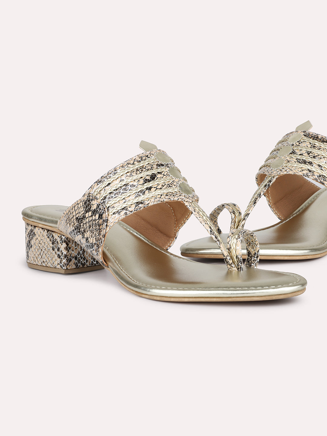 Women Gold-Toned Embellished Textured Block Heels