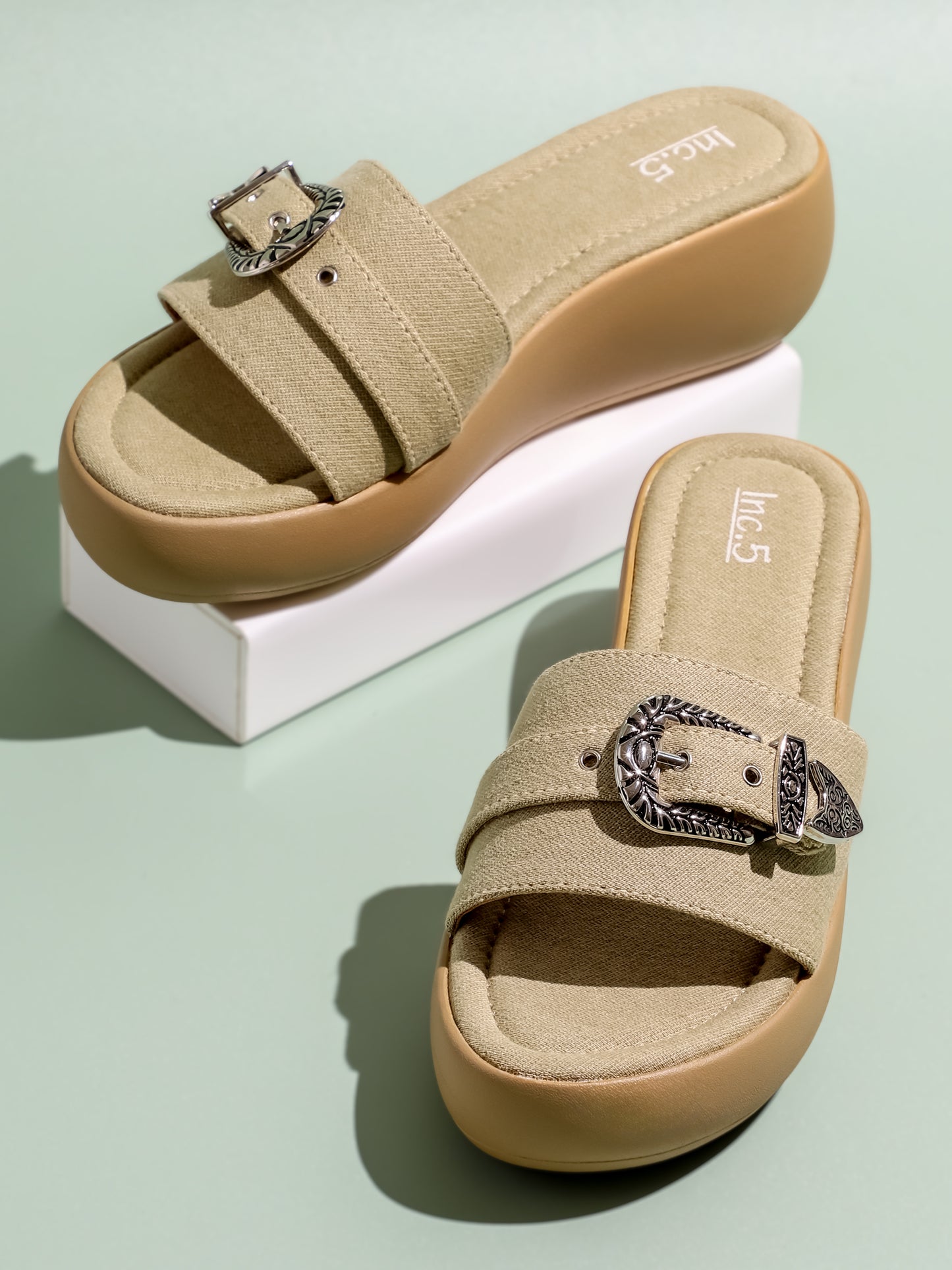 Women Beige Open Toe Comfort Sandals with Buckles