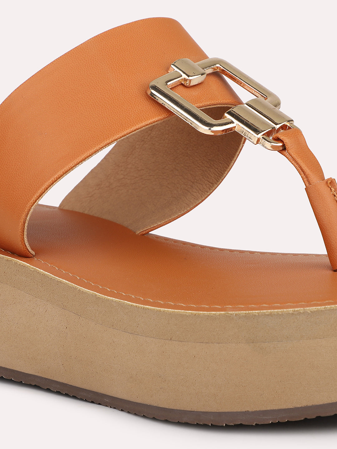 Women Tan T-Strape Open Toe Comfort Sandals with Buckles