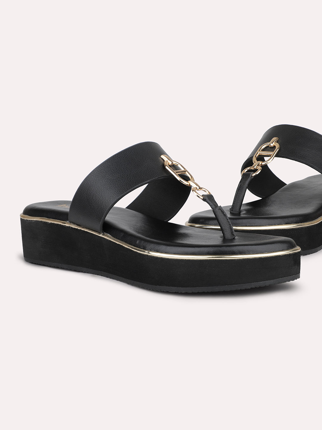 Women Black And Gold-Toned  Open Toe Comfort Sandals with Buckles