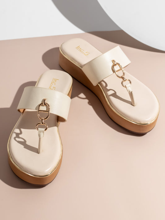 Women Cream And Gold-Toned  Open Toe Comfort Sandals with Buckles