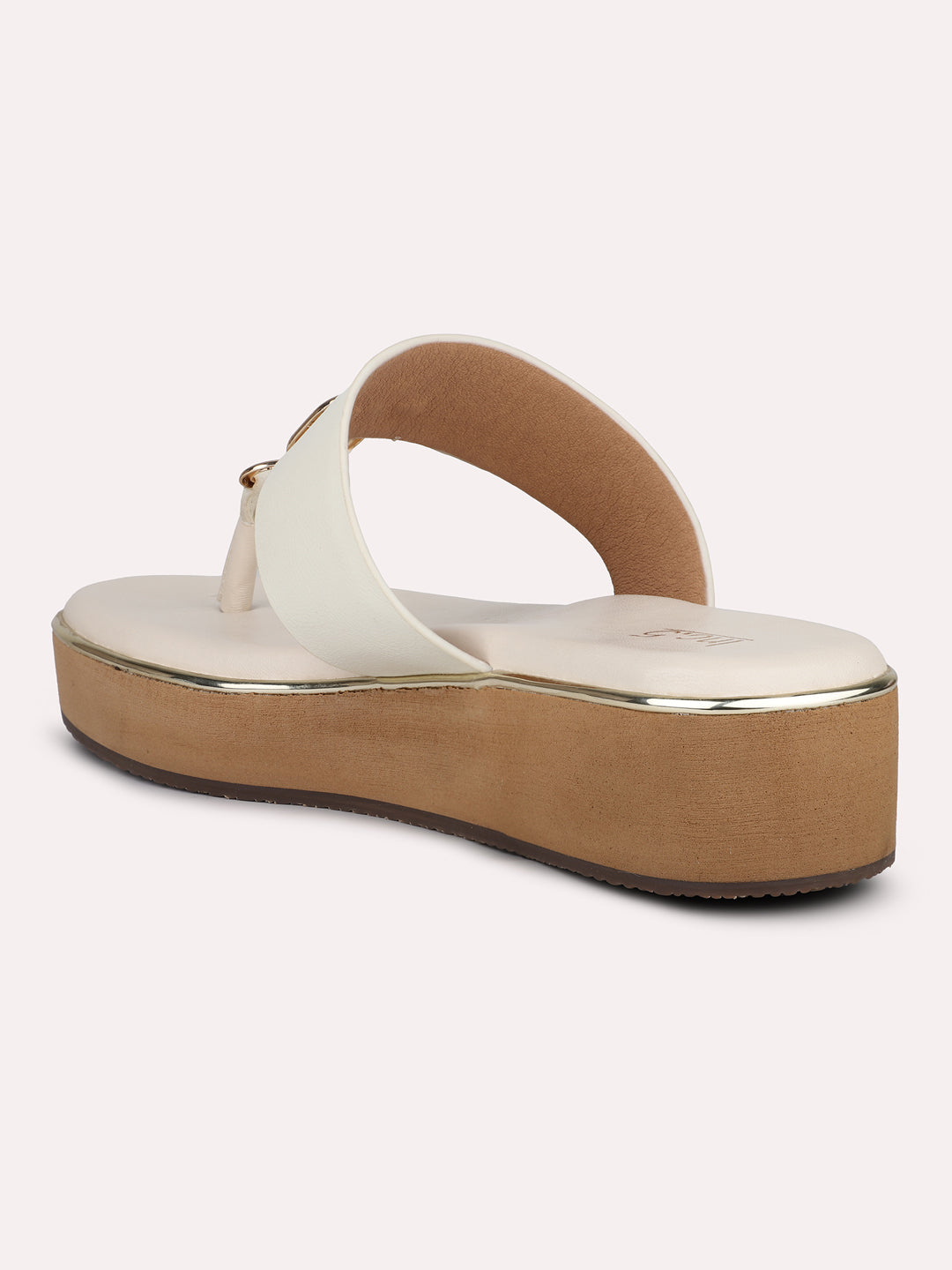 Women Cream And Gold-Toned  Open Toe Comfort Sandals with Buckles