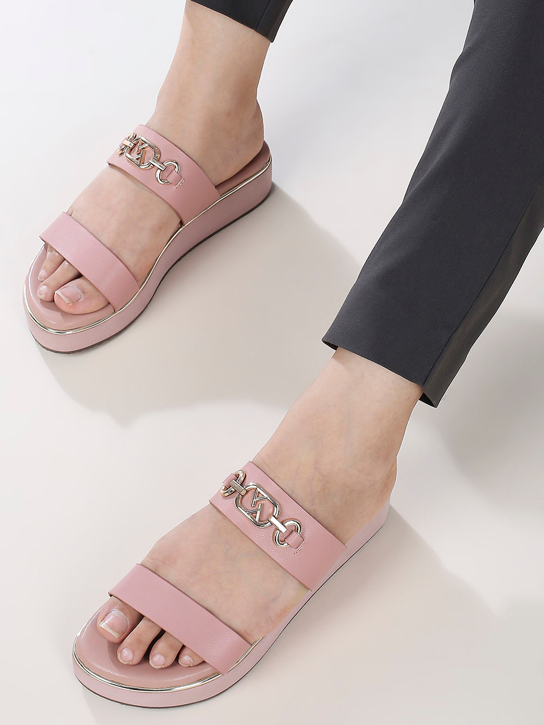 Women Peach And Gold-Toned Buckles Detail Wedge Heels