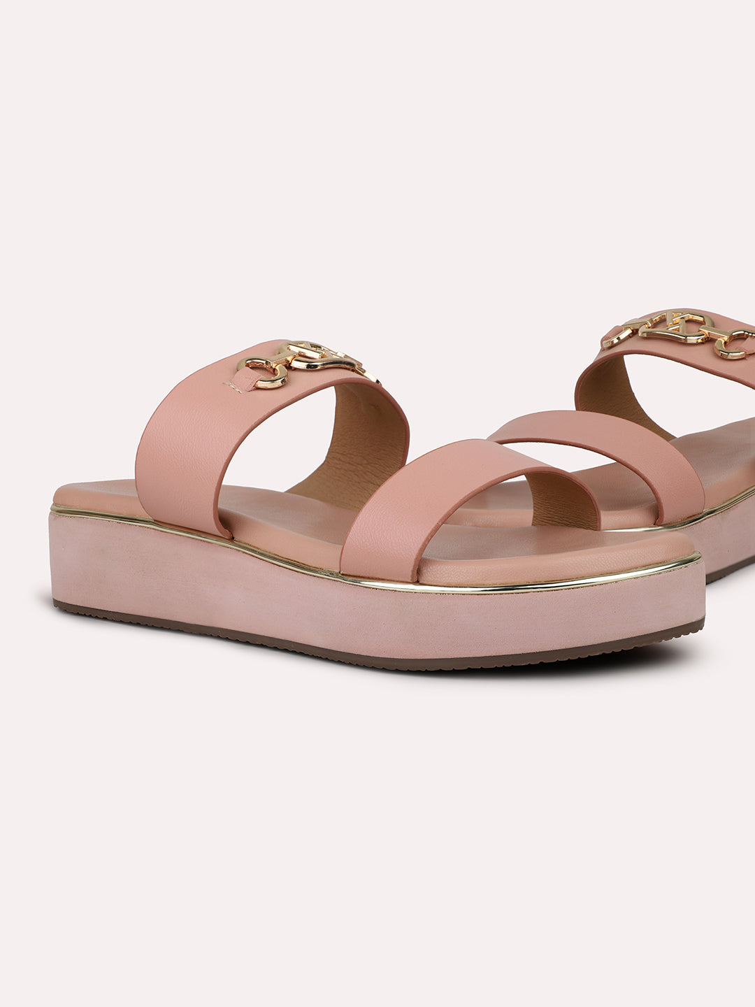 Women Peach And Gold-Toned Buckles Detail Wedge Heels