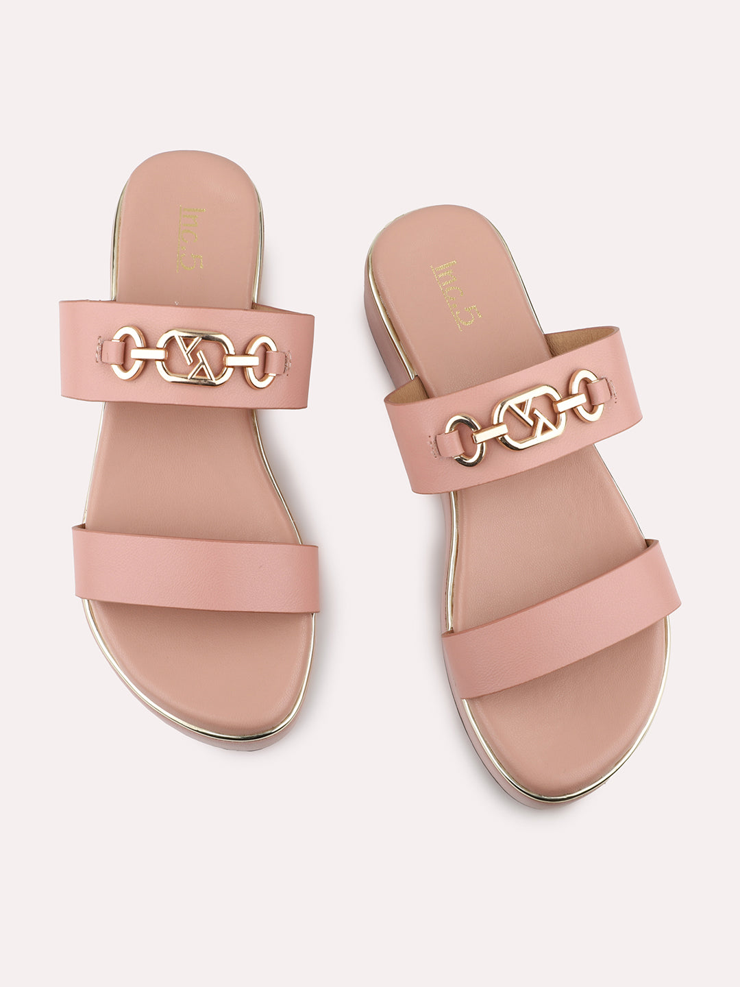 Women Peach And Gold-Toned Buckles Detail Wedge Heels