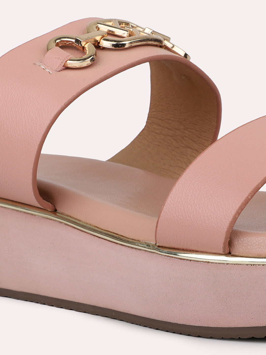 Women Peach And Gold-Toned Buckles Detail Wedge Heels