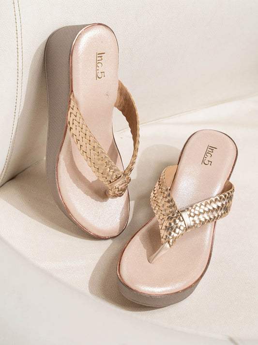 Women Rose Gold Textured Embellished Wedge Heels