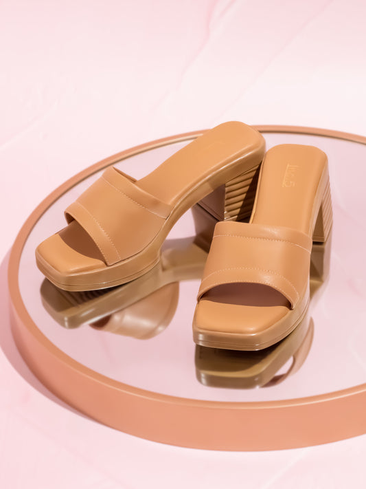 Women Beige Textured Solid Open Toe Platform Heels