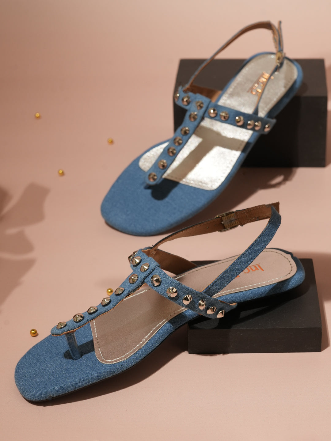 Women Blue Denim And Silver-Toned Studded T-Strap Flats