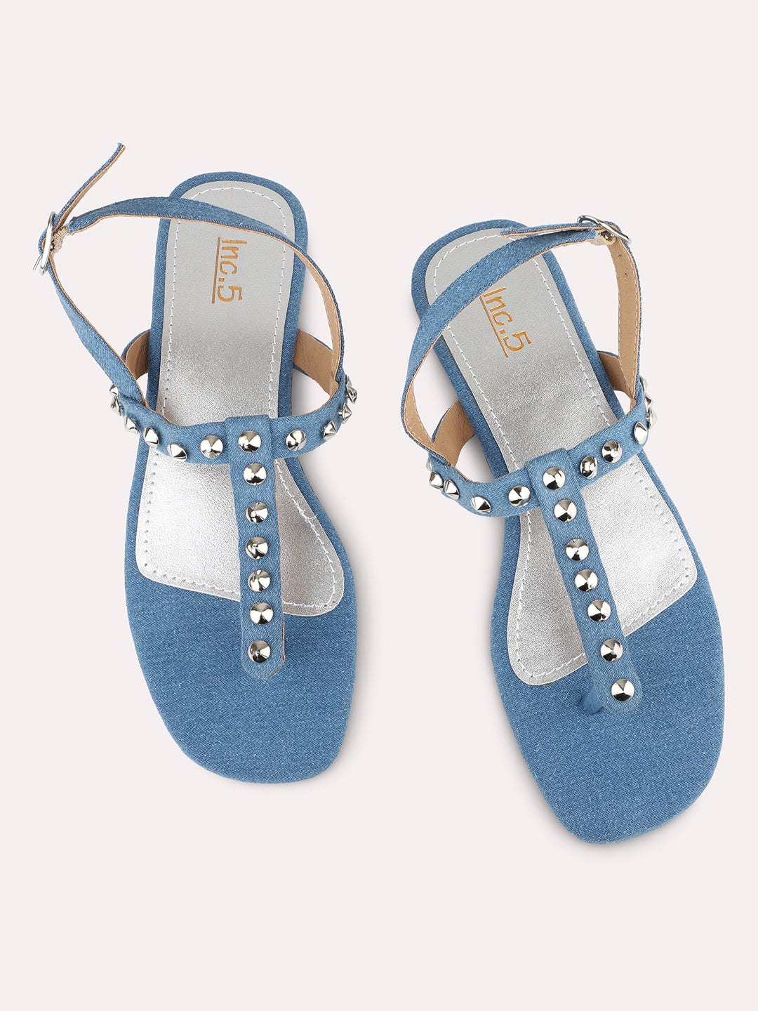 Women Blue Denim And Silver-Toned Studded T-Strap Flats