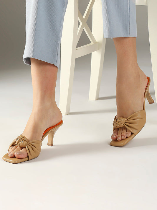 Women Beige Kitten Heels with Knot Detail