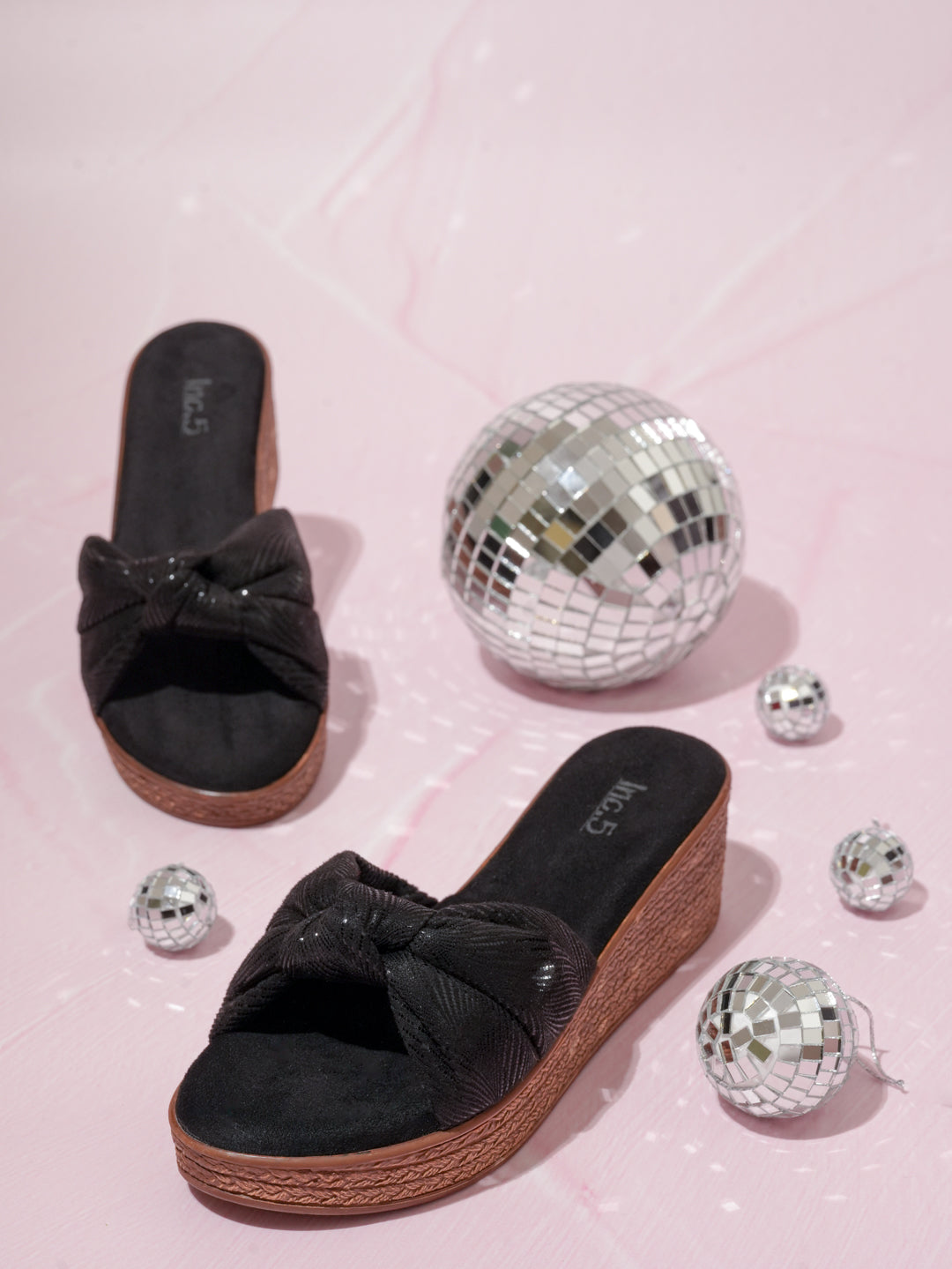 Women Black Metallic Print Wedge Sandals With Knot Detail