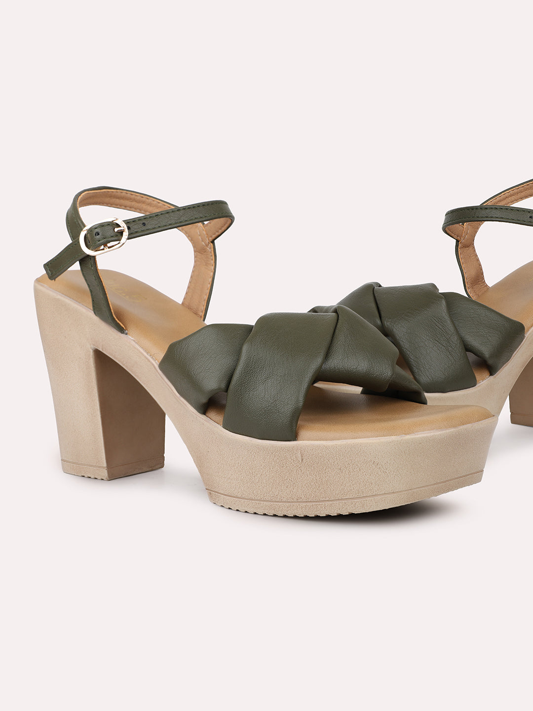 Women Green Textured Platform Heels With Buckle