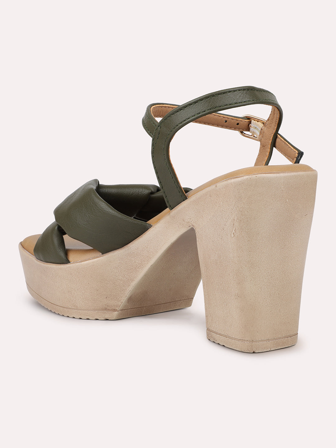 Women Green Textured Platform Heels With Buckle