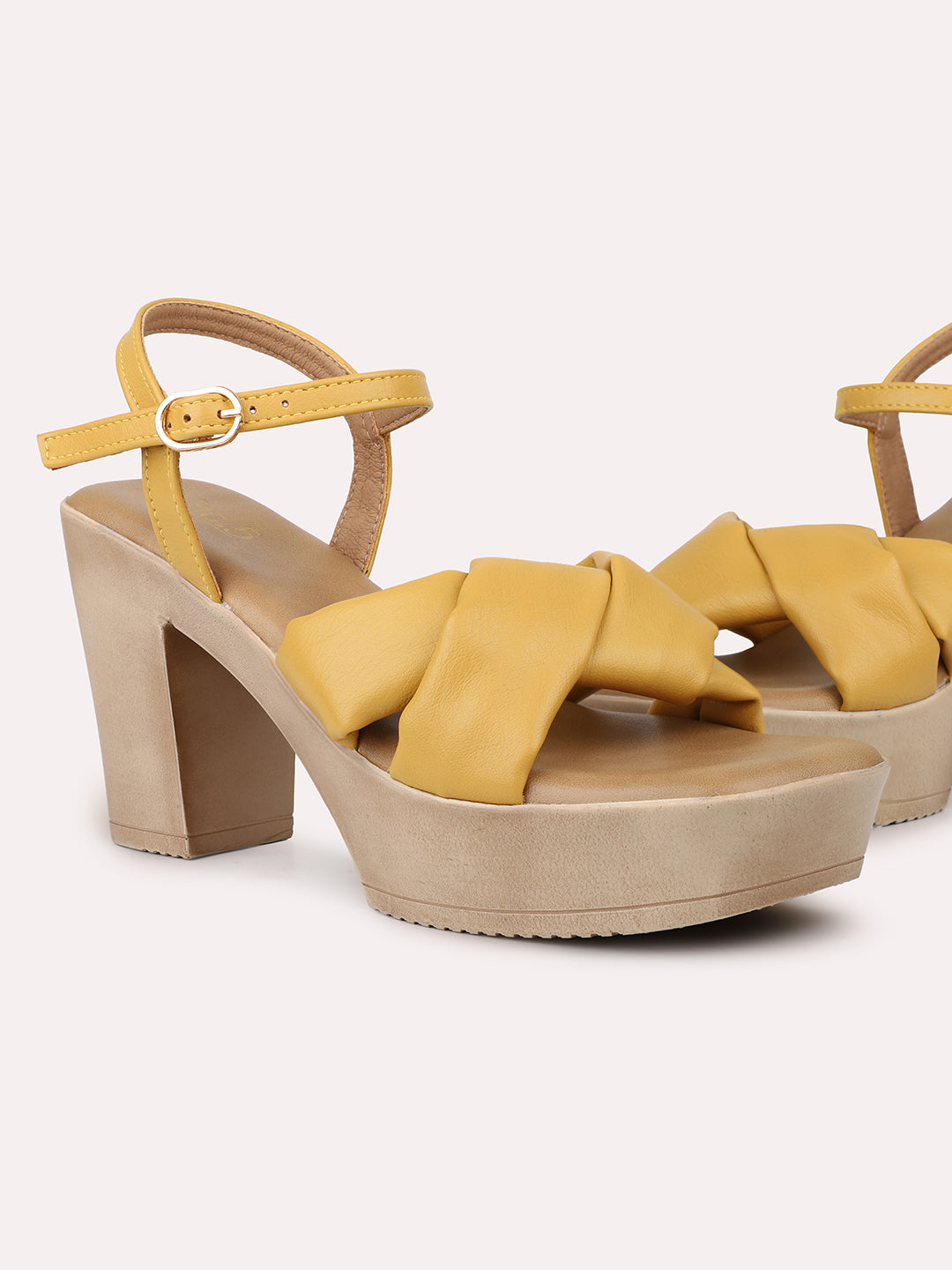 Women Yellow Textured Platform Heels With Buckle