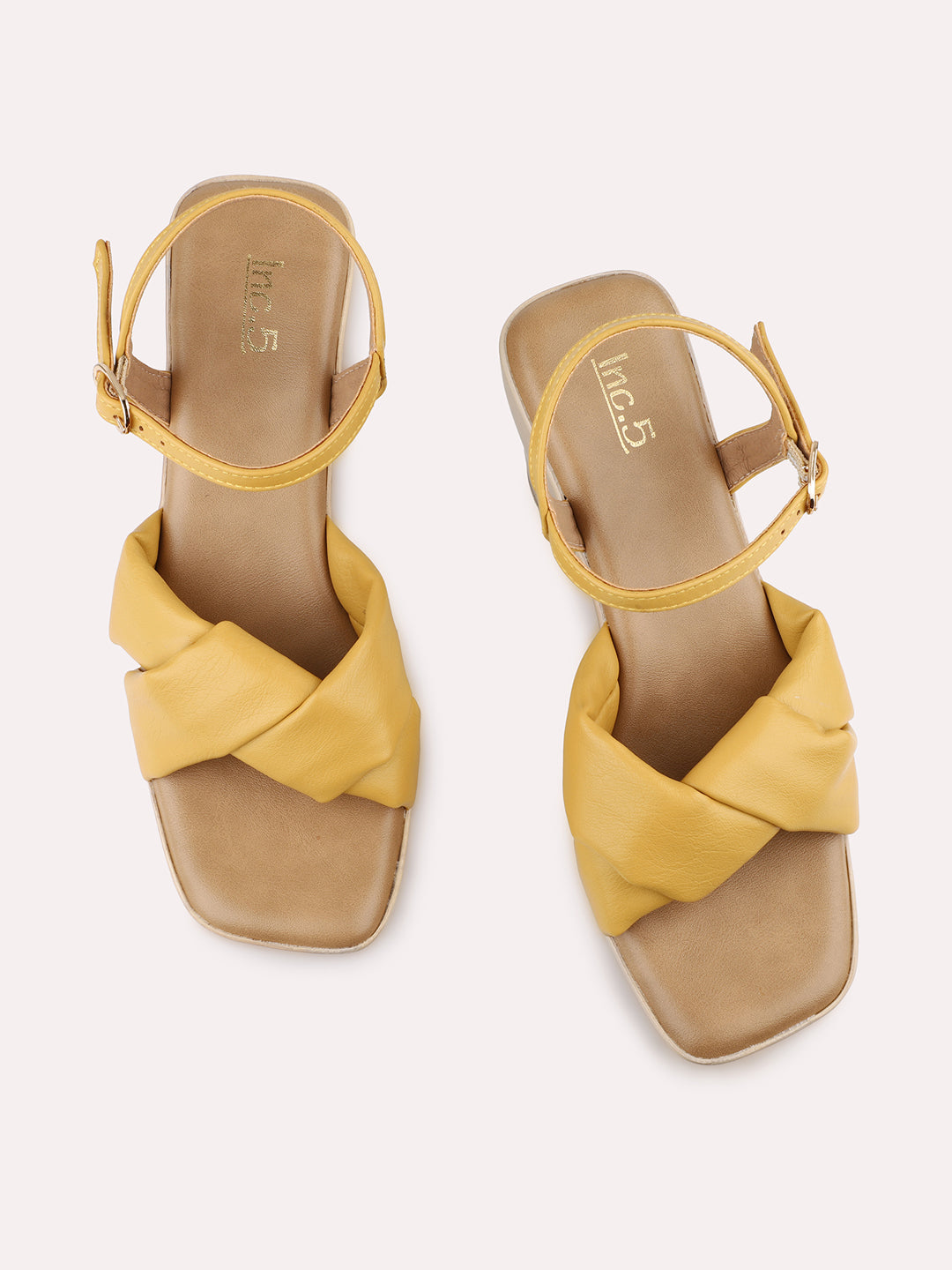 Women Yellow Textured Platform Heels With Buckle