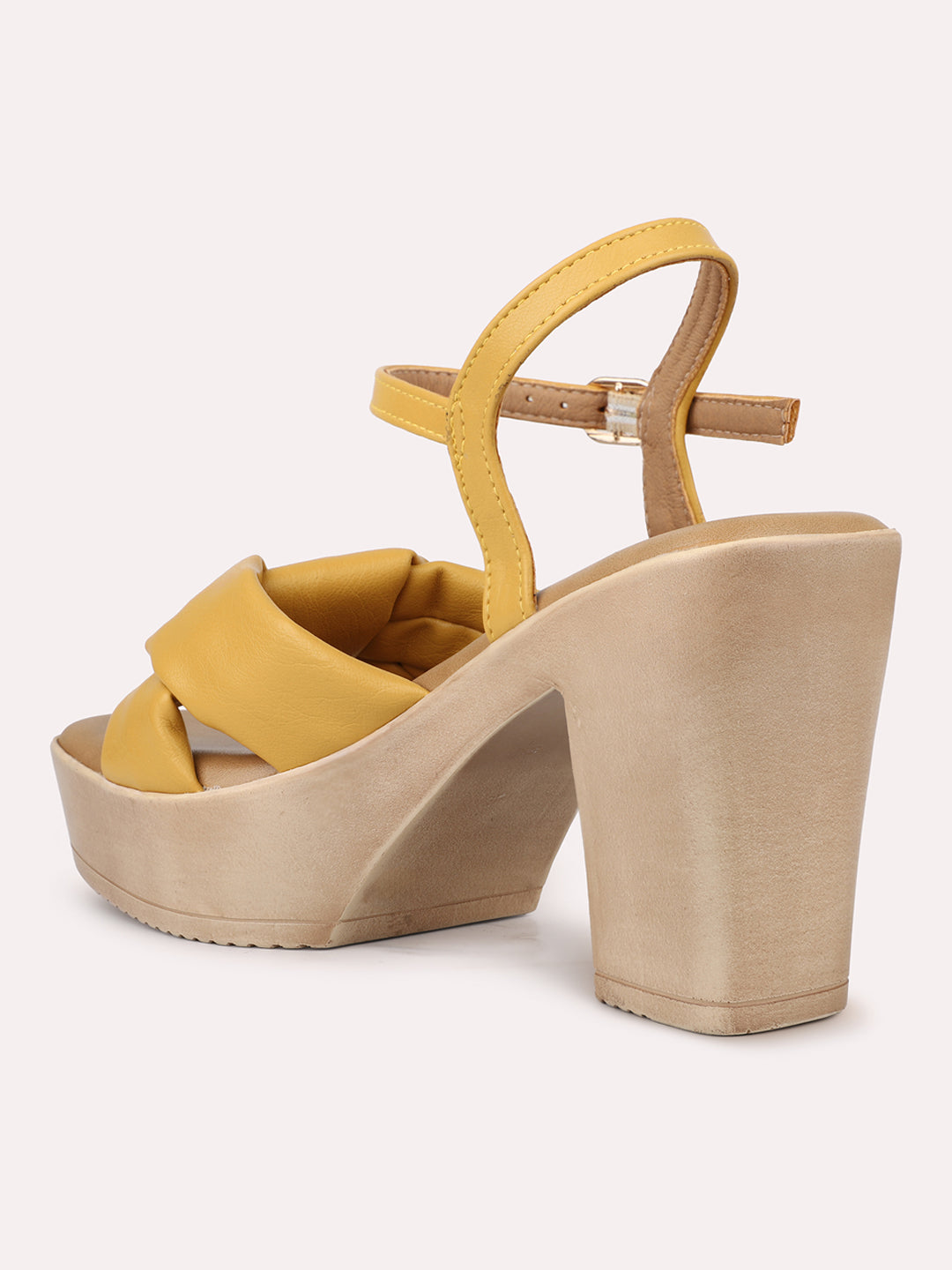 Women Yellow Textured Platform Heels With Buckle