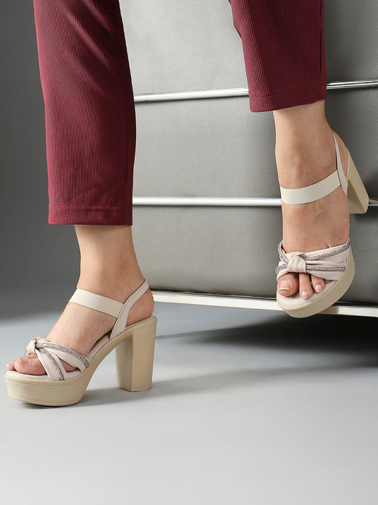 Women Cream Knot Details Platform Heels With Backstrap