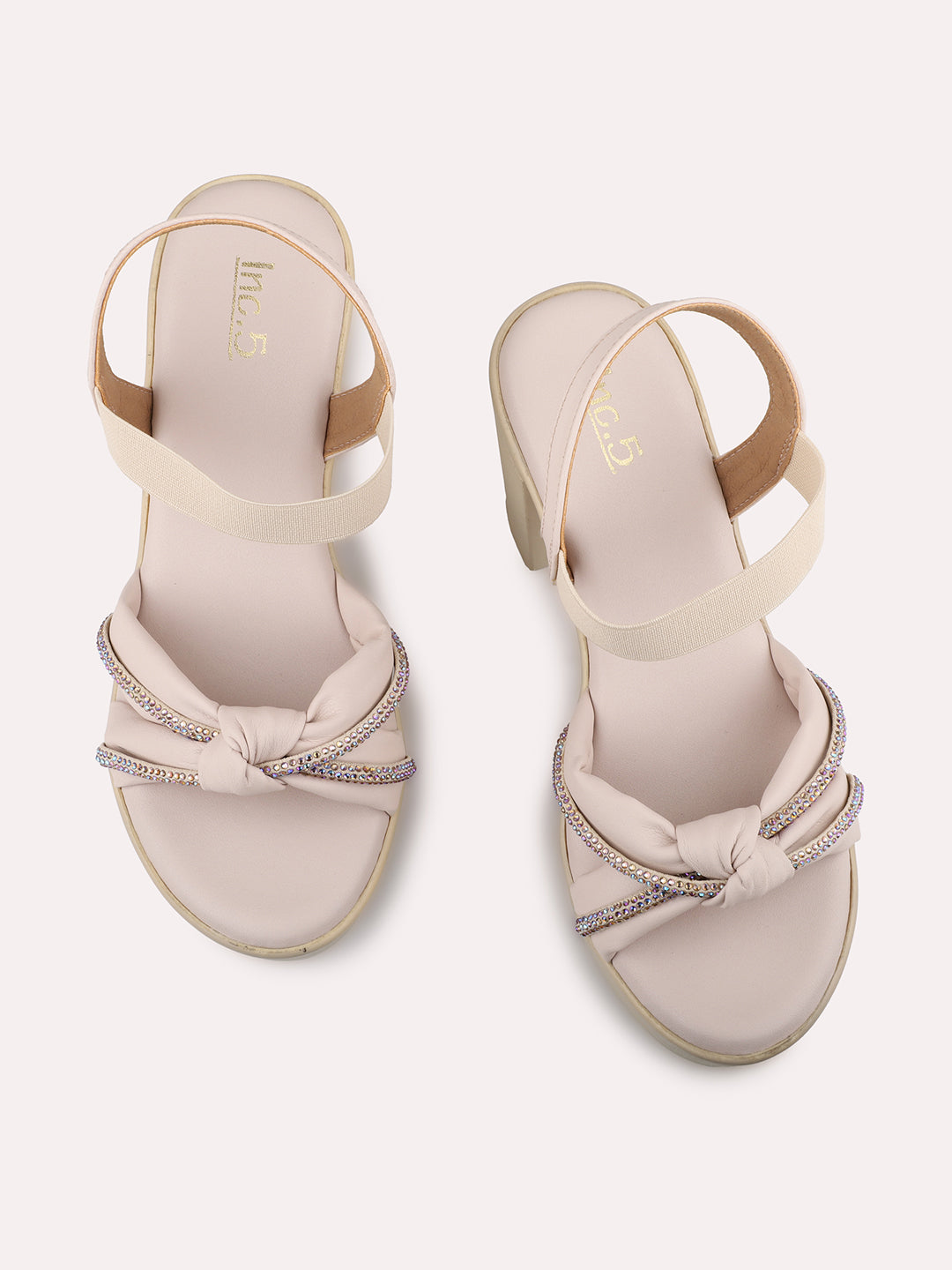 Women Cream Knot Details Platform Heels With Backstrap